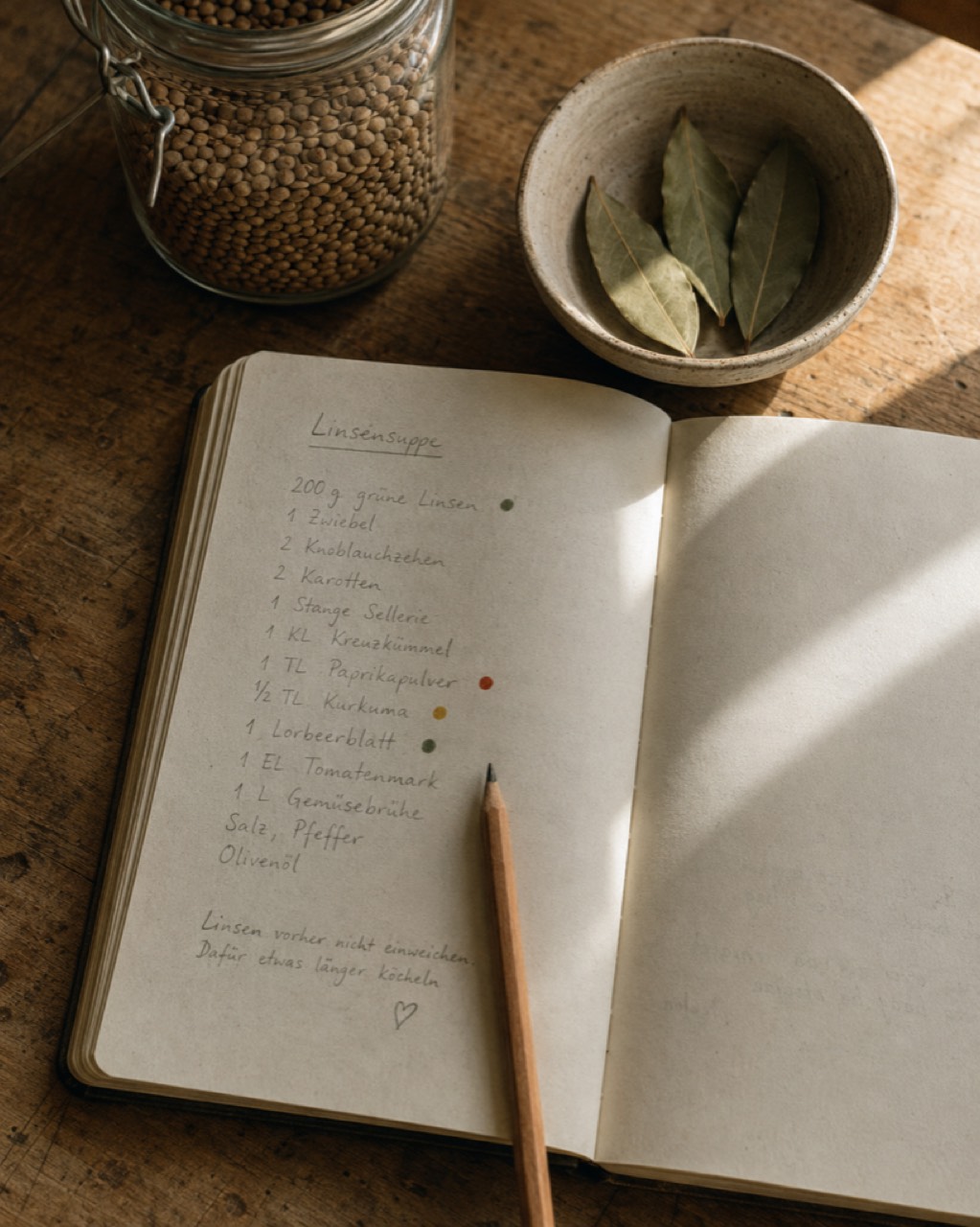 Notizbuch mit handschriftlichen Zutatenlisten auf hellem Holztisch
