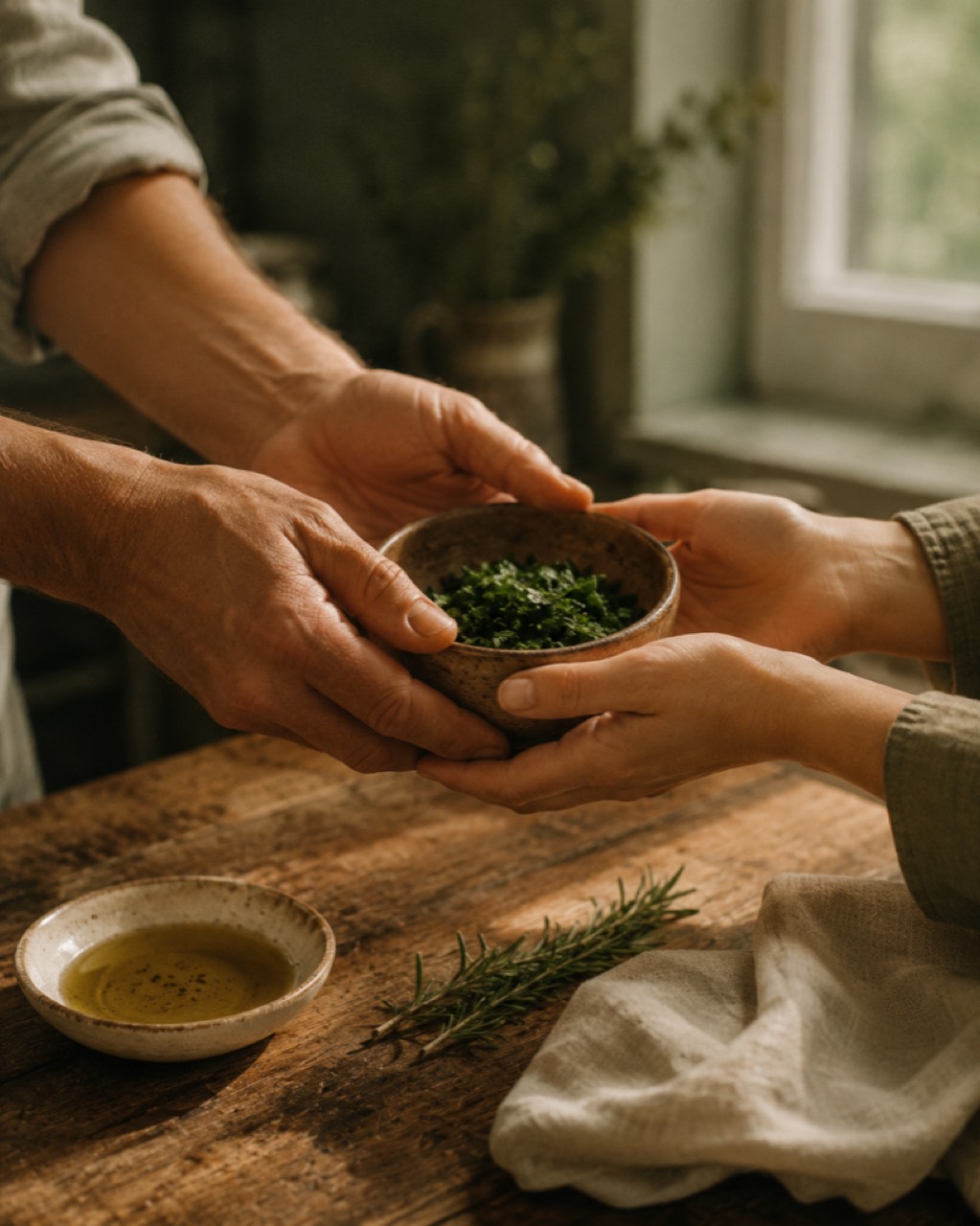 Zwei Personen kochen gemeinsam in einer ruhigen, gemütlichen Küche