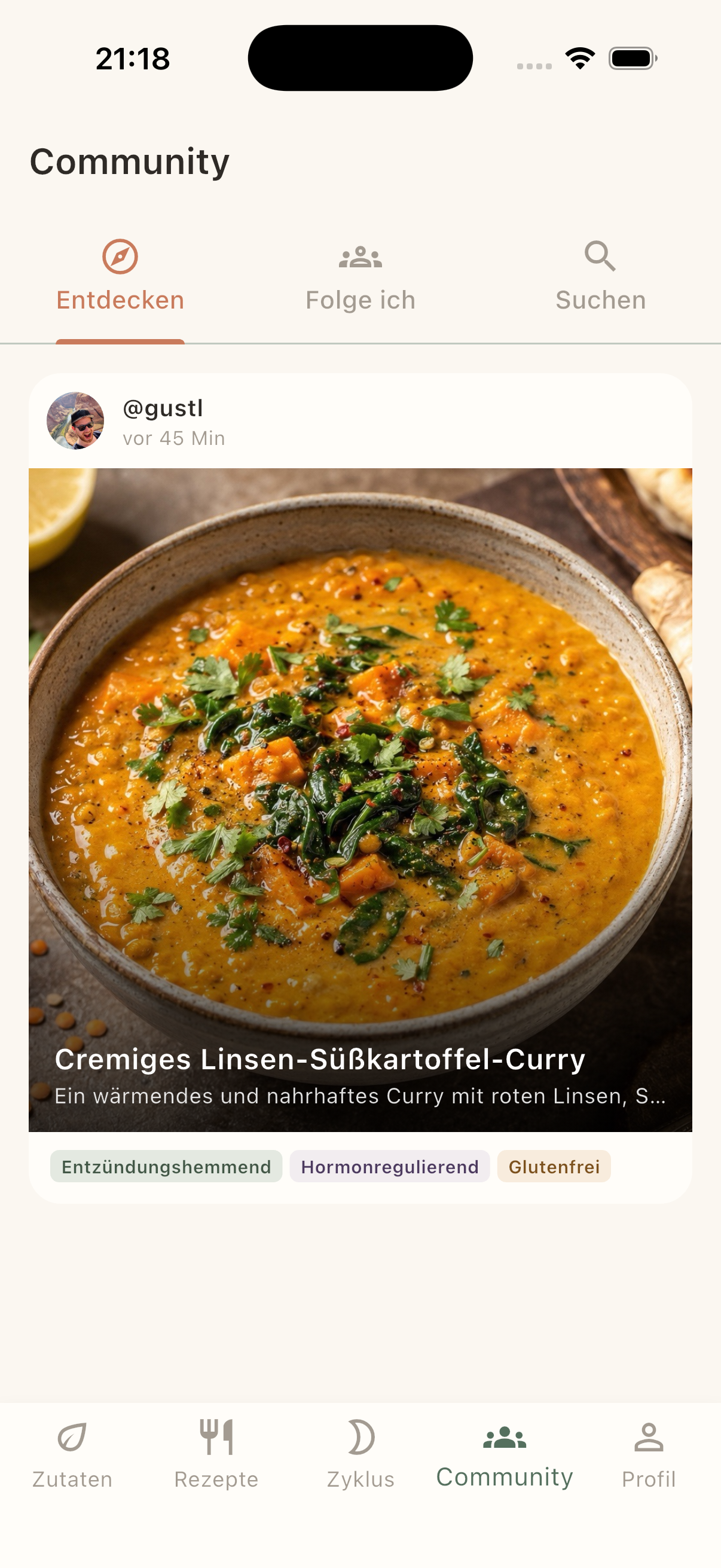 Endo-Food Community-Feed mit einem Linsen-Süßkartoffel-Curry