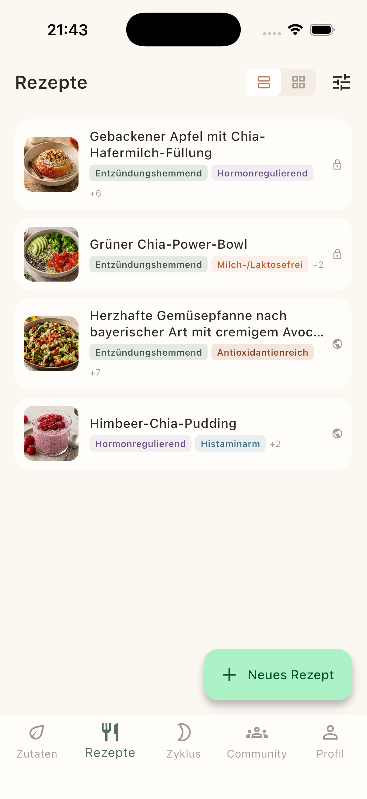 Rezepte-Liste mit Hero-Bildern und Tags